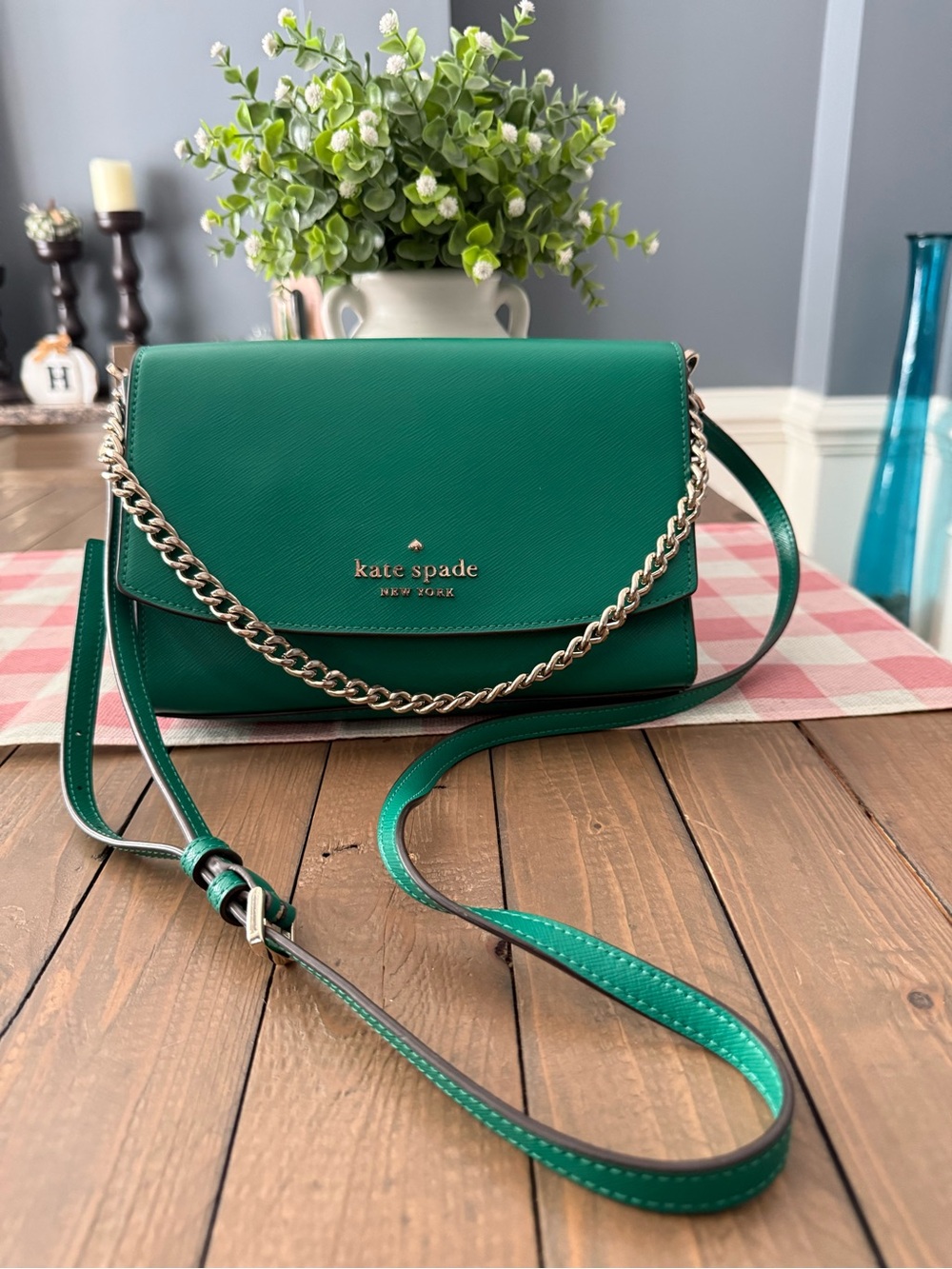 kate spade Emerald Green Leather Chain Strap Crossbody